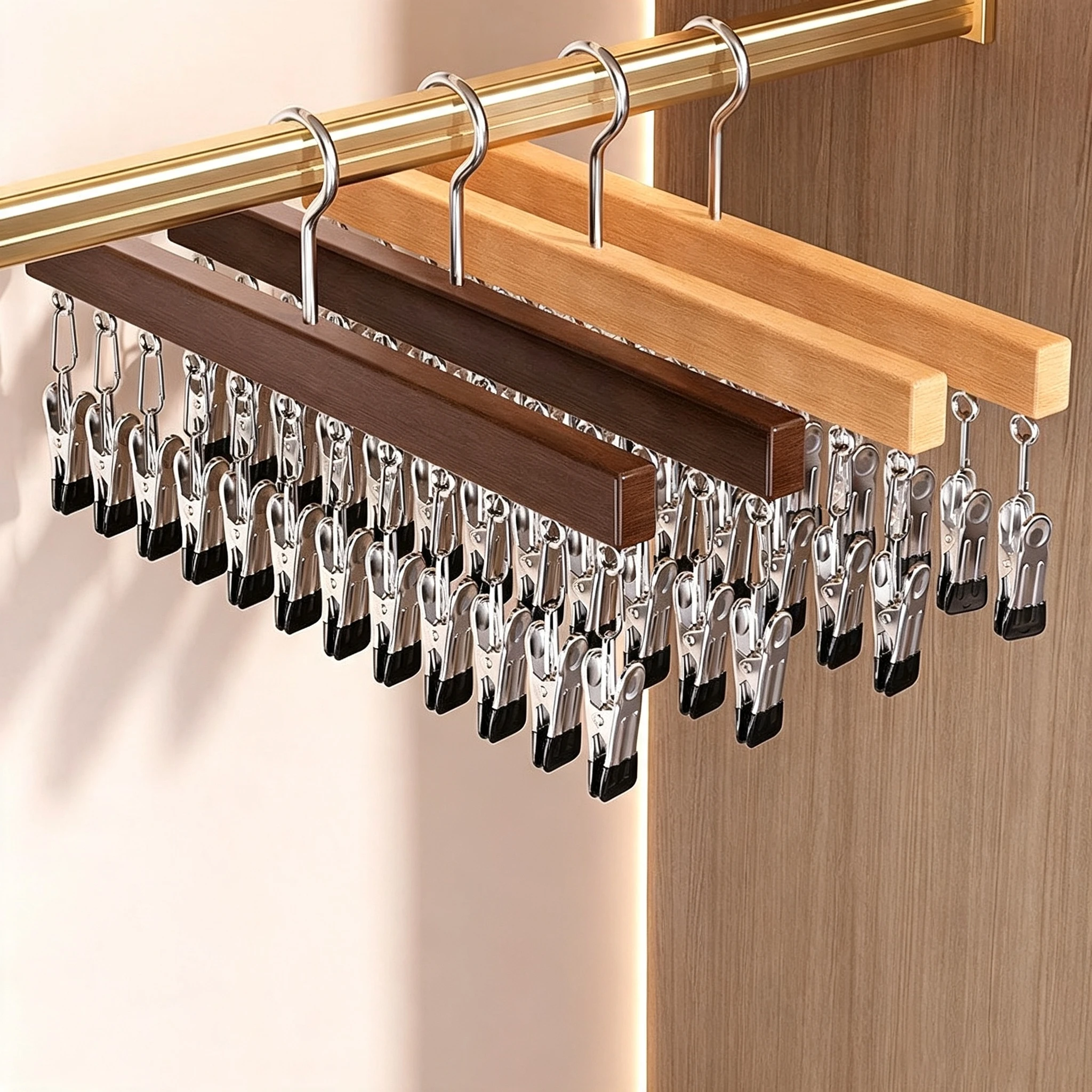 Percha para almacenamiento de accesorios y ropa interior con m&uacute;ltiples clips de madera maciza