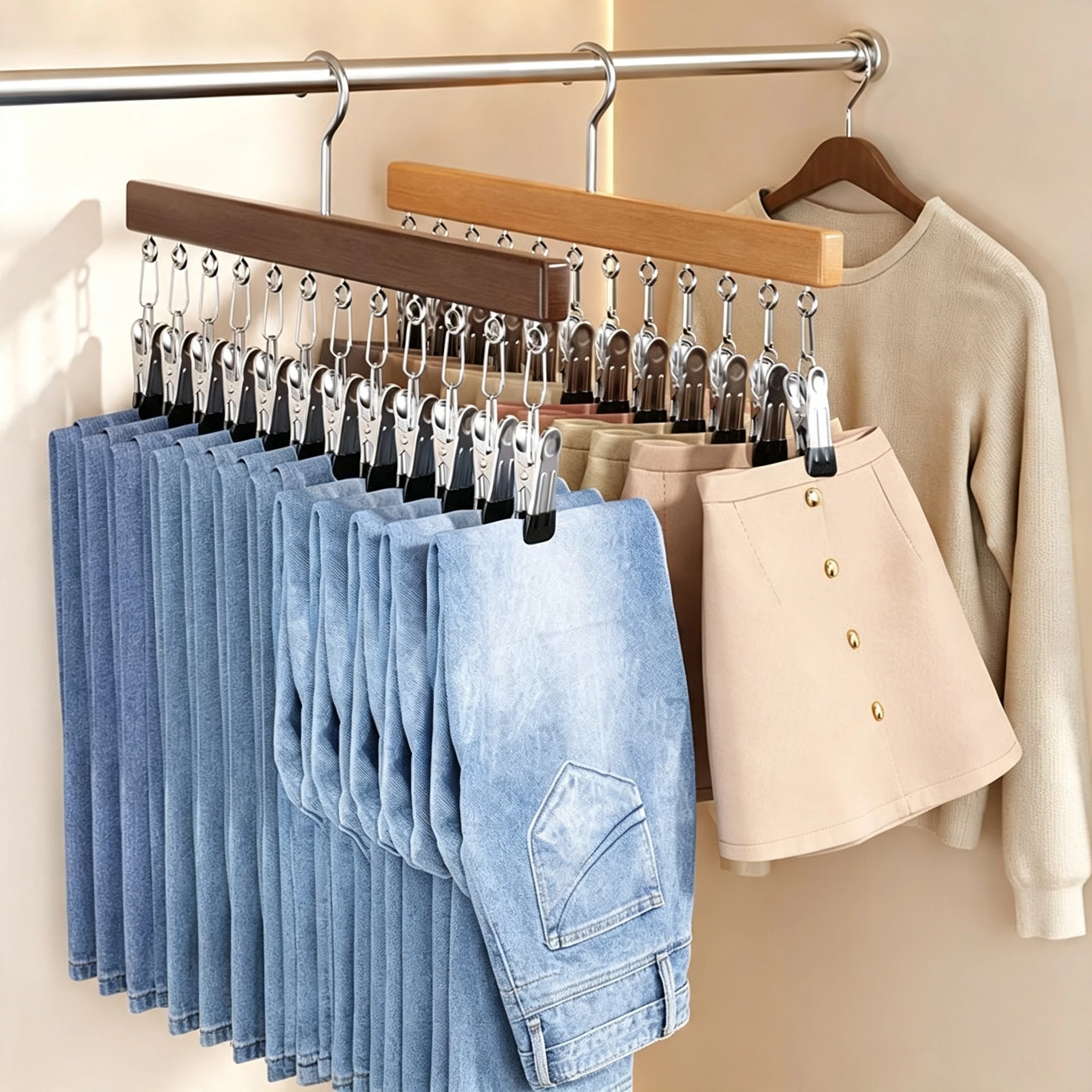 Percha para almacenamiento de accesorios y ropa interior con m&uacute;ltiples clips de madera maciza