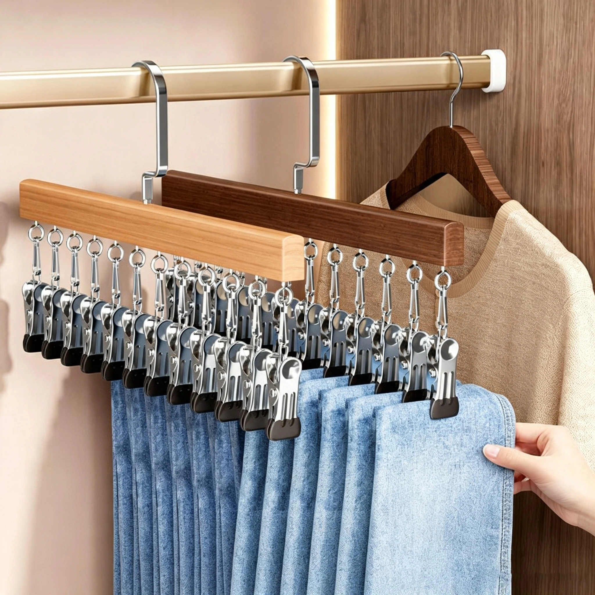 Percha para almacenamiento de accesorios y ropa interior con m&uacute;ltiples clips de madera maciza