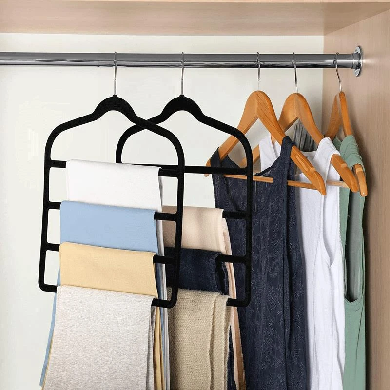 Percha para almacenamiento de pantalones flocados de m&uacute;ltiples capas de cuatro niveles