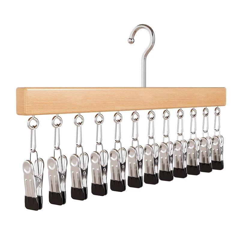 Percha para almacenamiento de accesorios y ropa interior con m&uacute;ltiples clips de madera maciza
