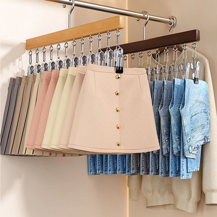 Percha para almacenamiento de accesorios y ropa interior con m&uacute;ltiples clips de madera maciza