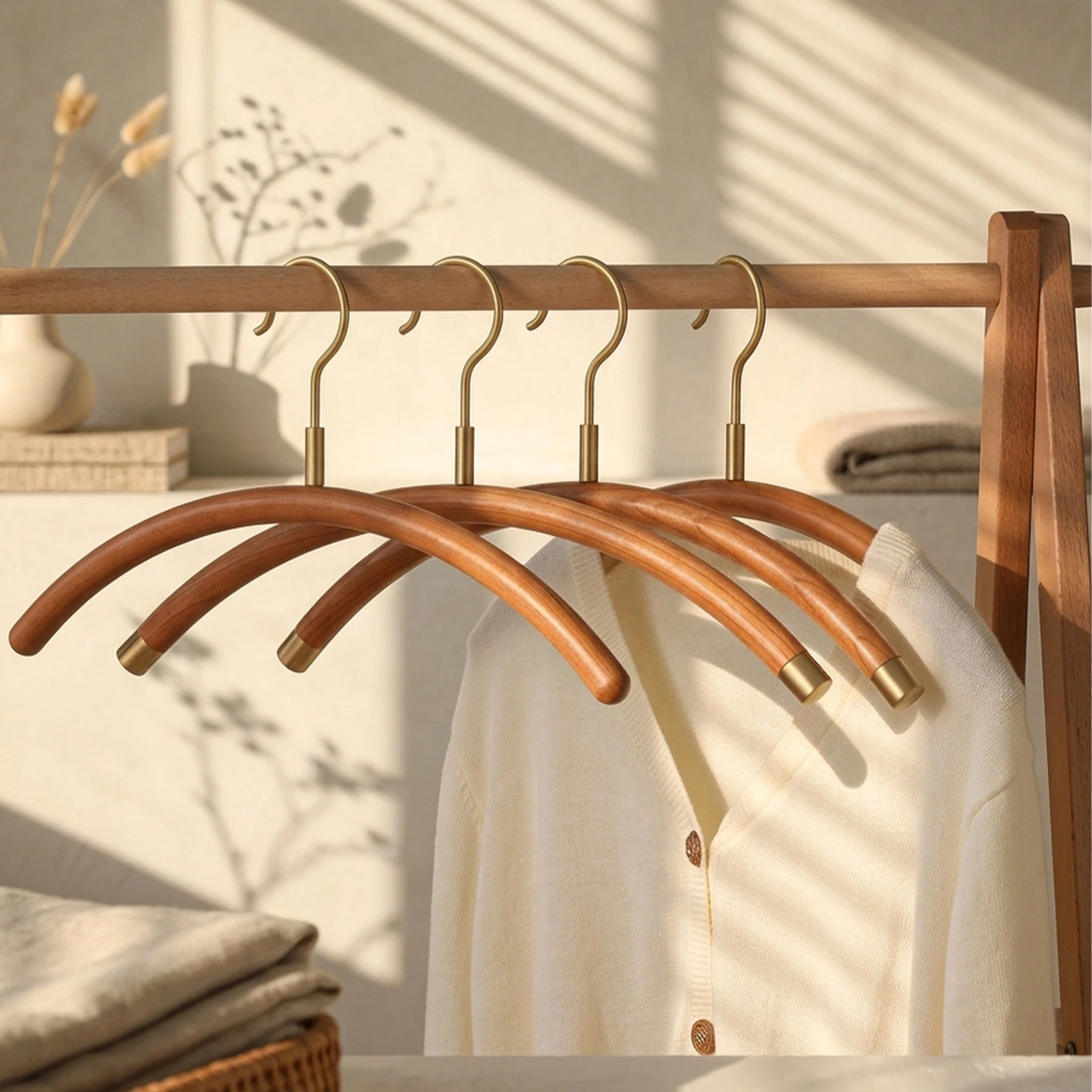 Percha de madera maciza curvada de lujo ligero con herrajes de lat&oacute;n