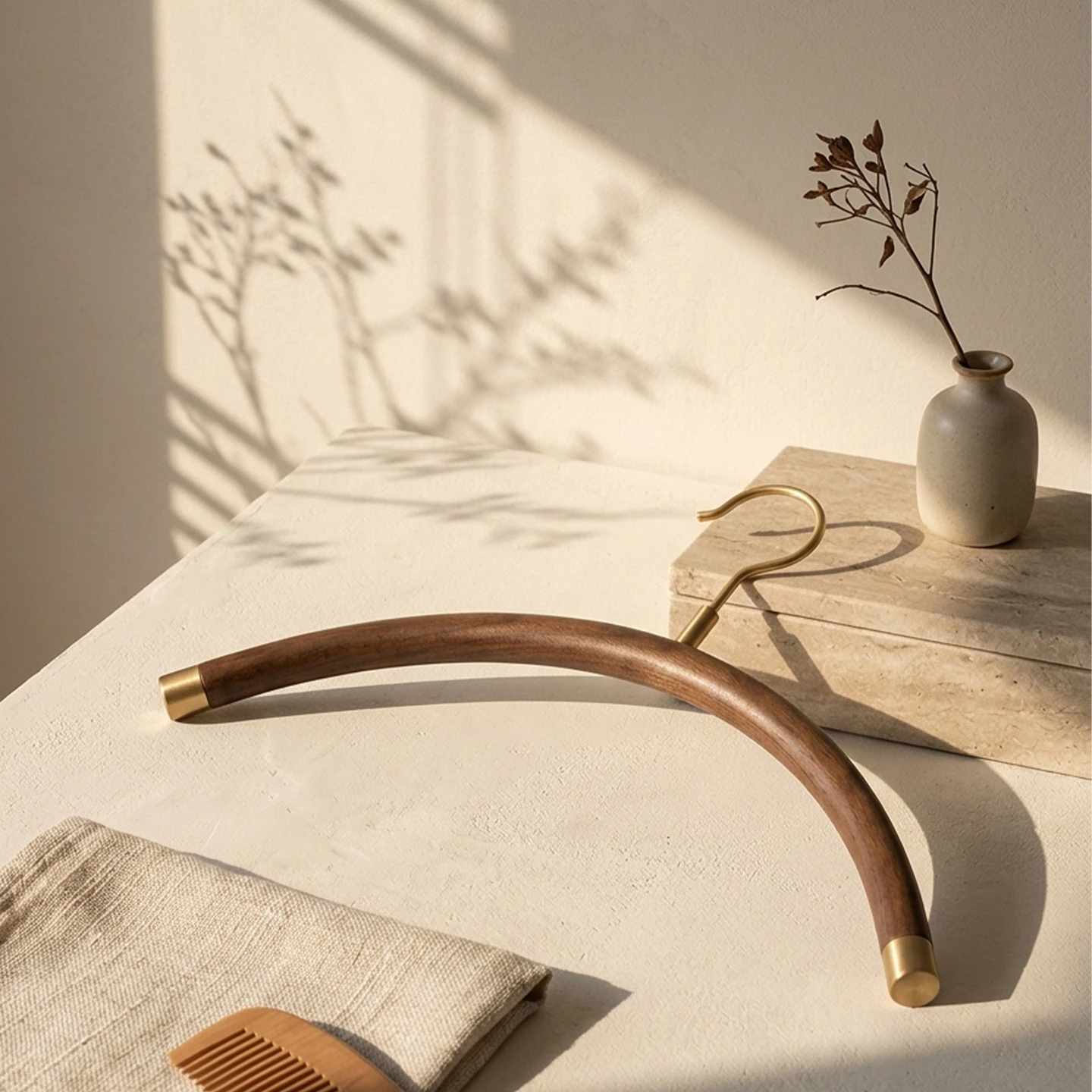 Percha de madera maciza curvada de lujo ligero con herrajes de lat&oacute;n