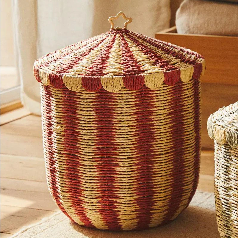 Cesta de almacenamiento de calabaza tejida a mano con tapa