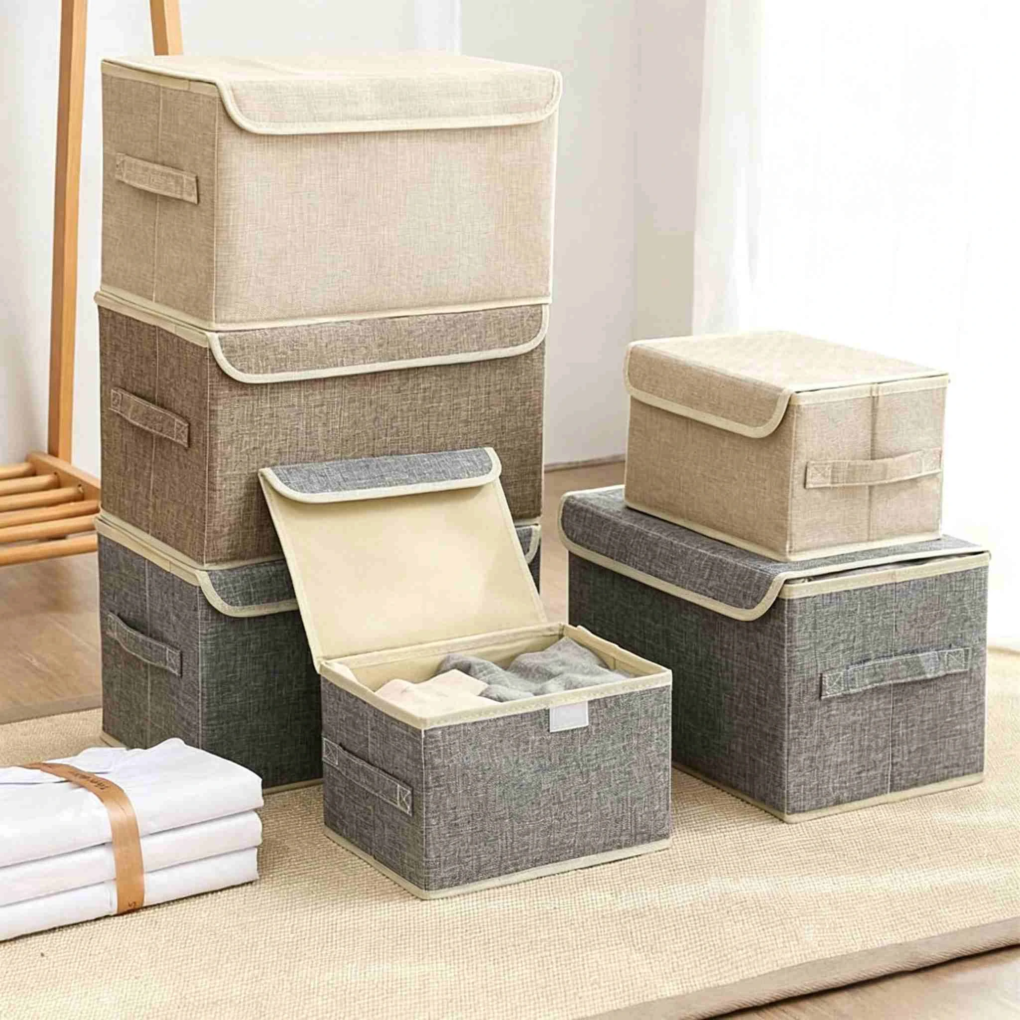 Caja de almacenamiento de tela con tapa abatible de lino de imitaci&oacute;n