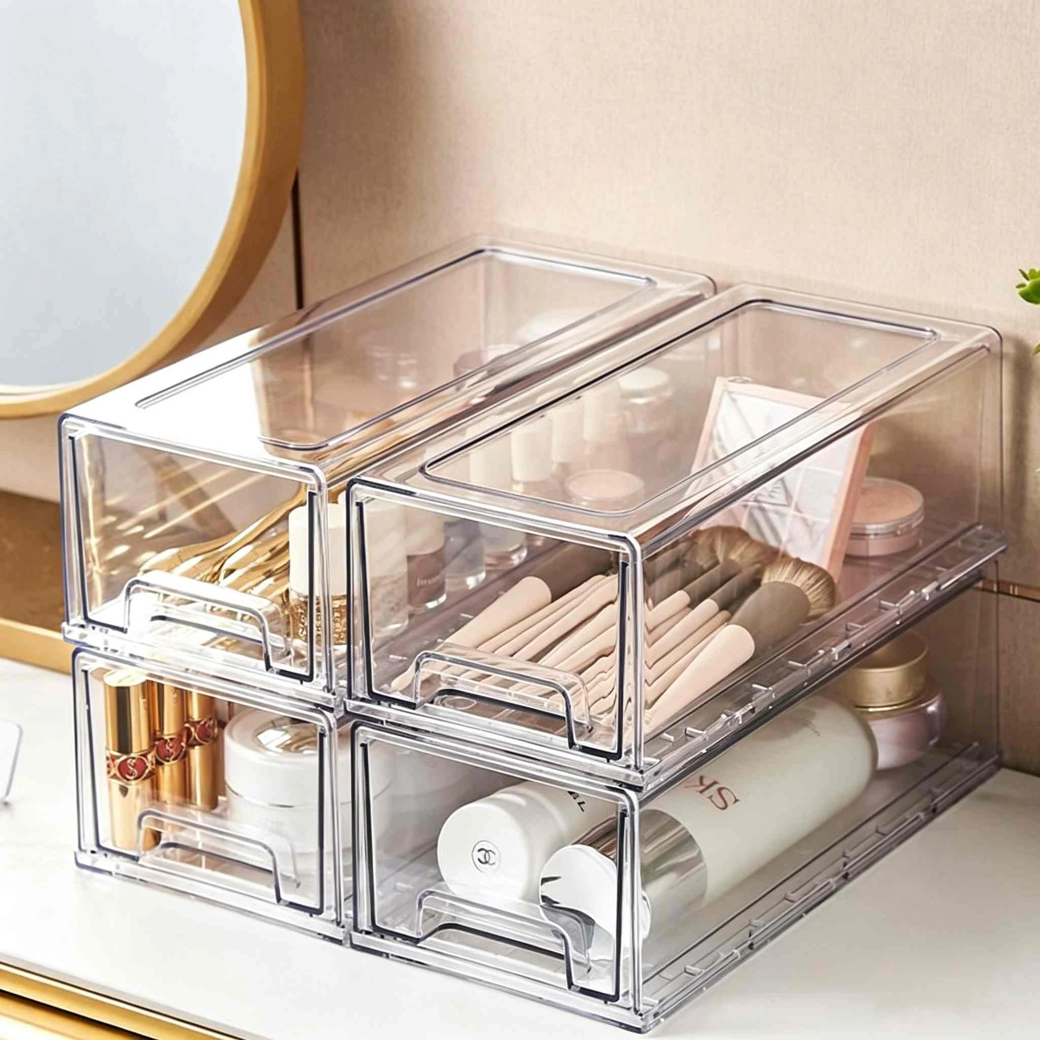 Caja de almacenamiento de cosm&eacute;ticos tipo caj&oacute;n de PET de alta transparencia