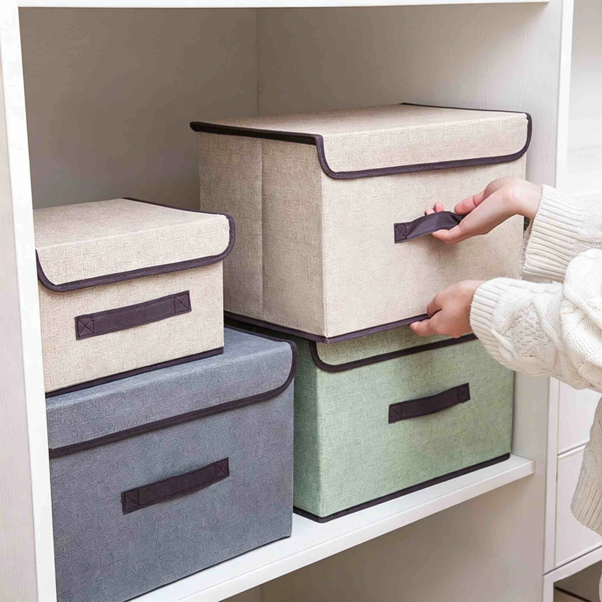 Caja de almacenamiento de tela con tapa abatible de lino de imitaci&oacute;n multicolor