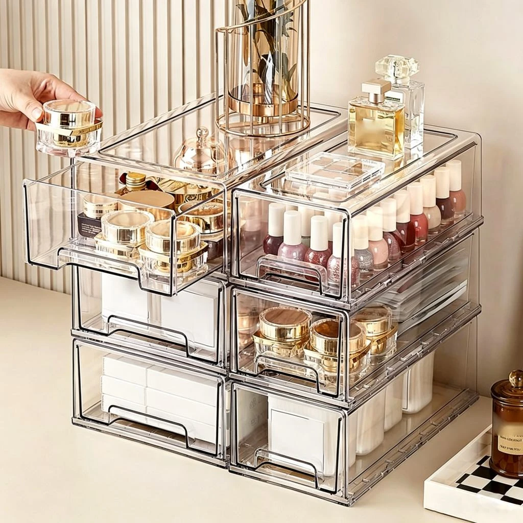 Caja de almacenamiento de cosm&eacute;ticos tipo caj&oacute;n de PET de alta transparencia