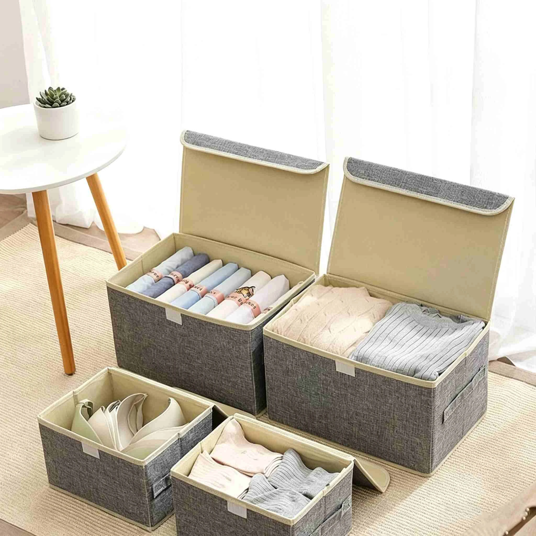 Caja de almacenamiento de tela con tapa abatible de lino de imitaci&oacute;n