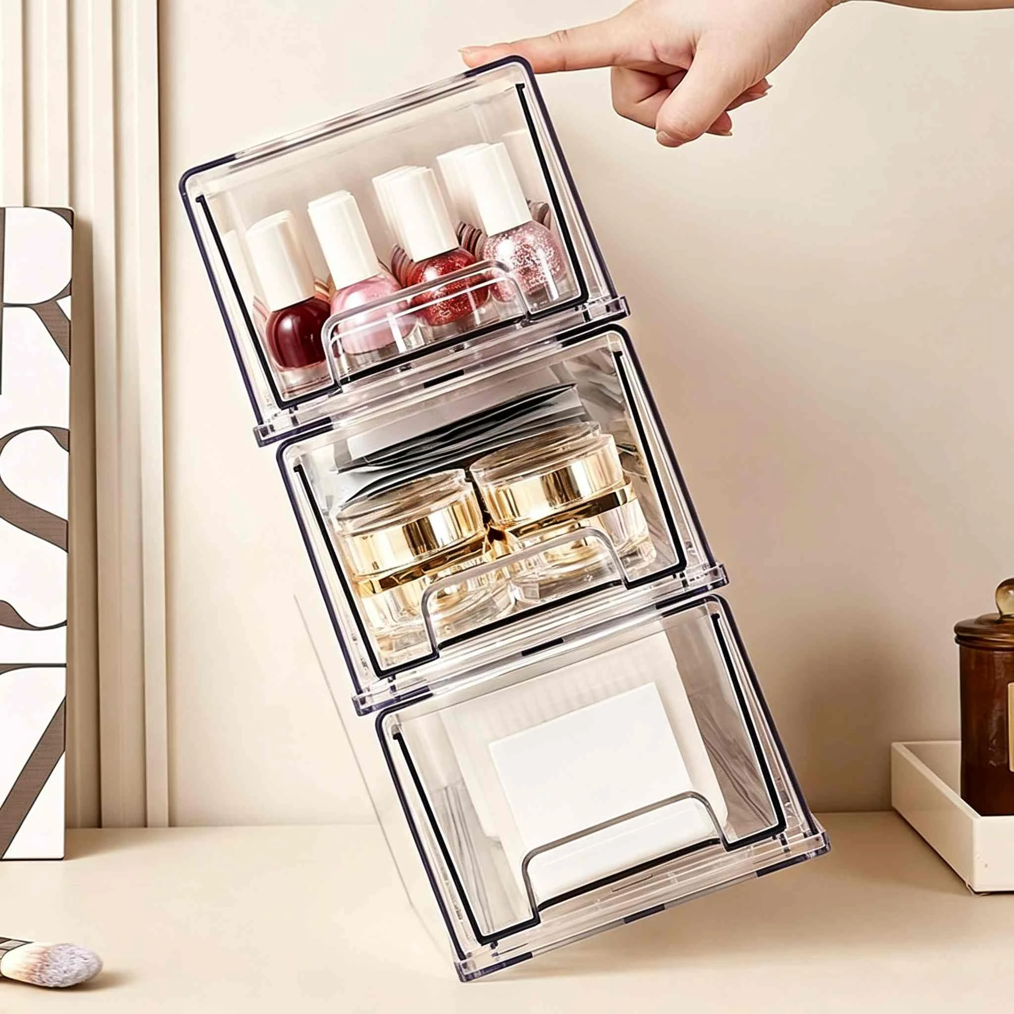 Caja de almacenamiento de cosm&eacute;ticos tipo caj&oacute;n de PET de alta transparencia