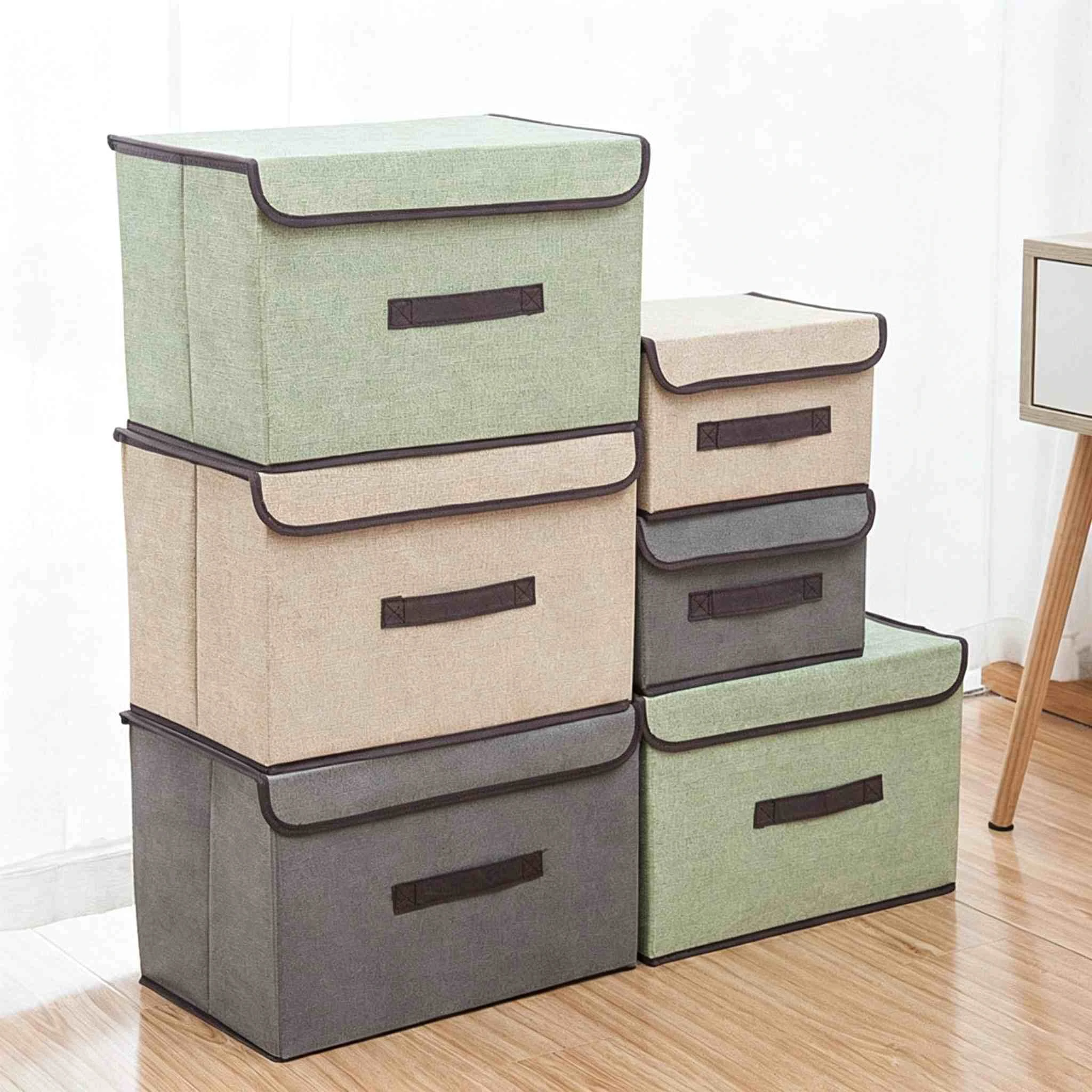 Caja de almacenamiento de tela con tapa abatible de lino de imitaci&oacute;n multicolor