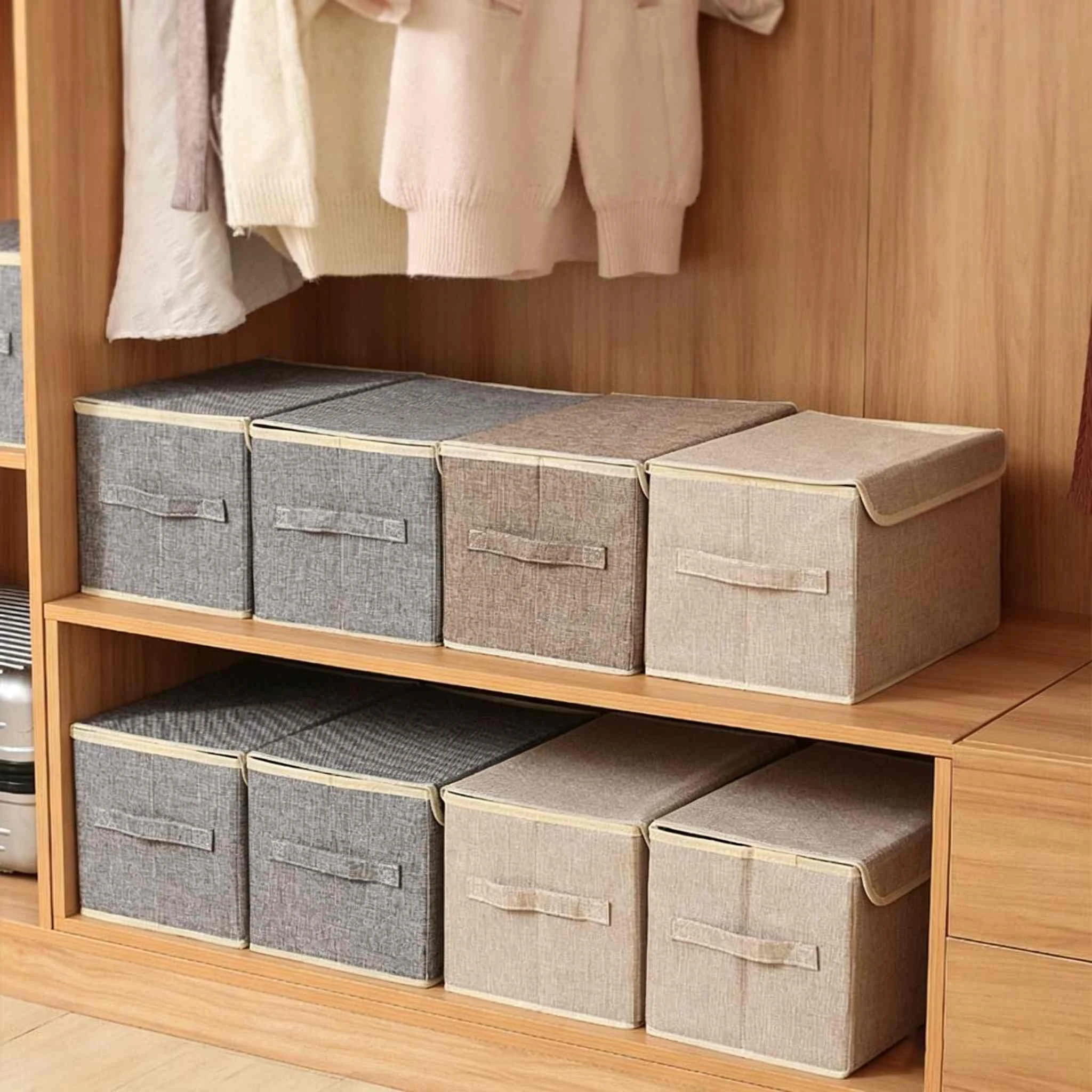 Caja de almacenamiento de tela con tapa abatible de lino de imitaci&oacute;n