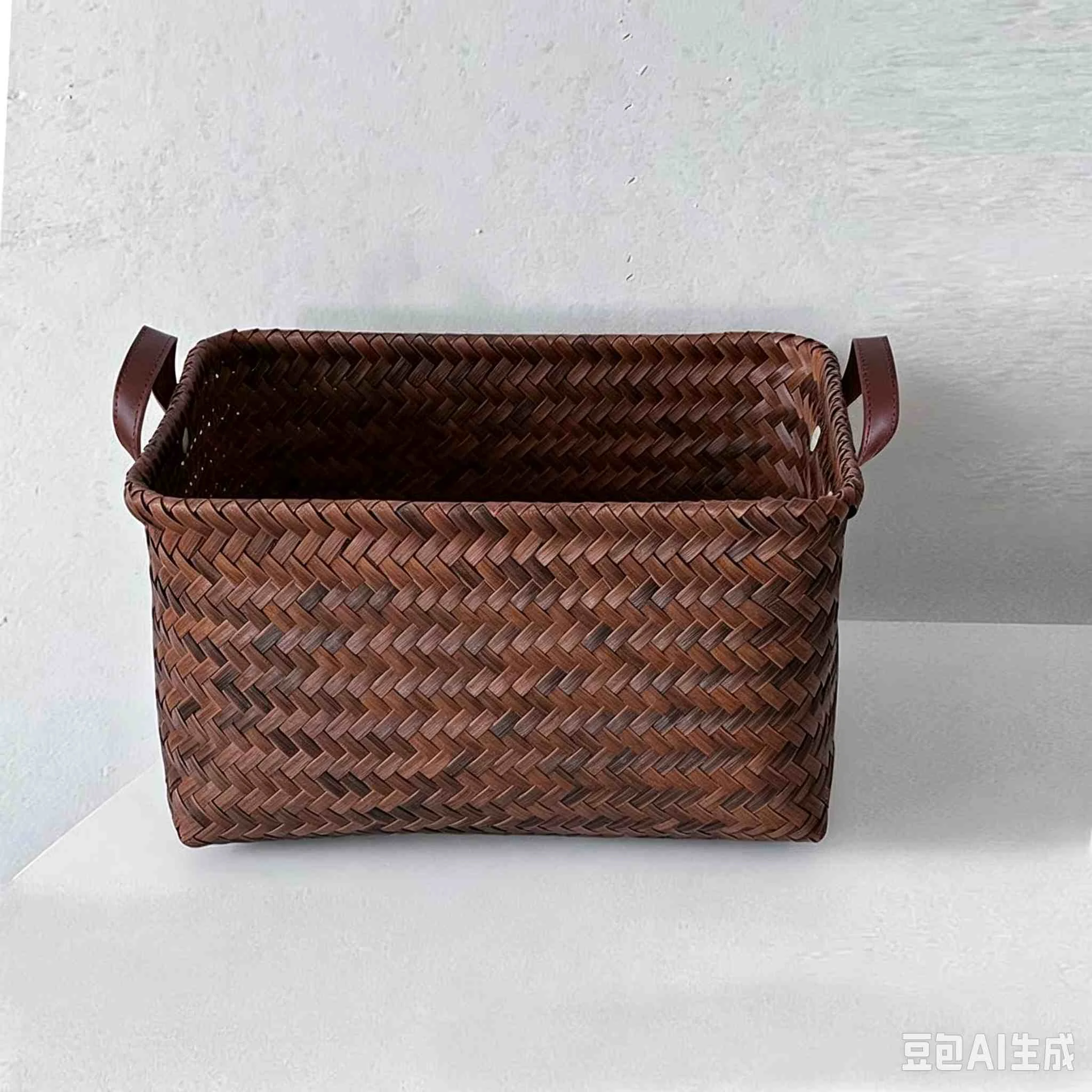 Cesta de almacenamiento vintage de rat&aacute;n sint&eacute;tico con asas de cuero