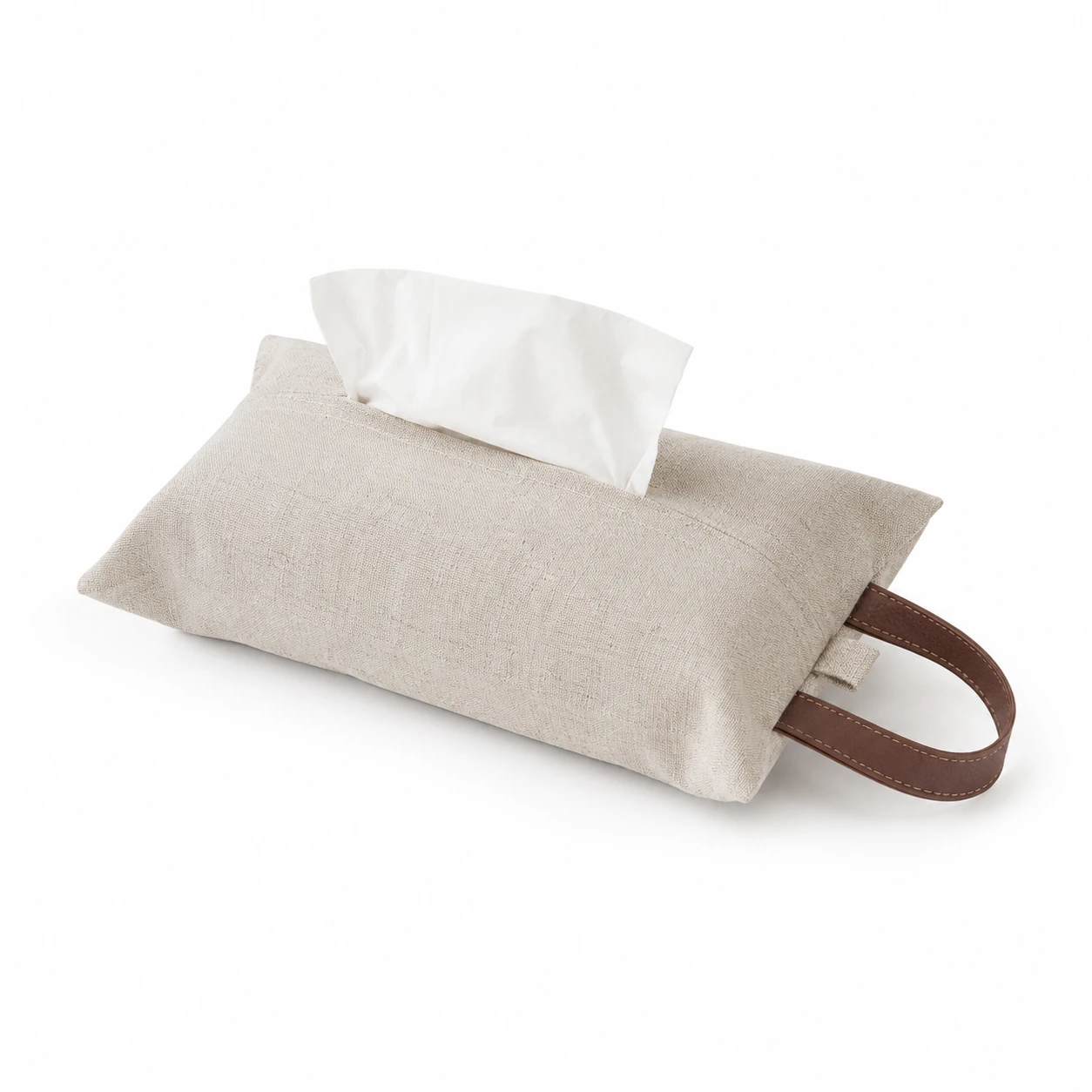 Bolsa de pa&ntilde;uelos para colgar de lino con correa de cuero