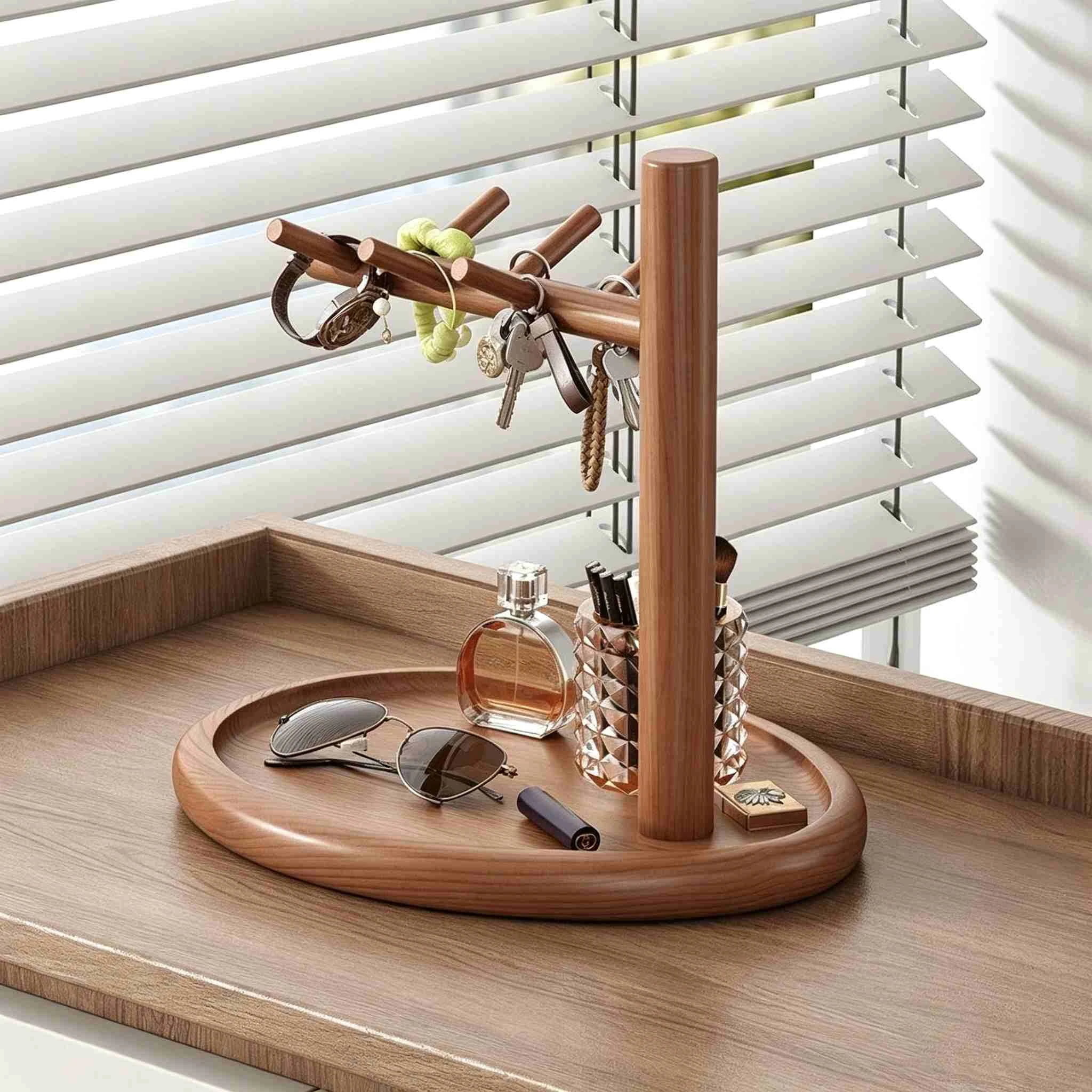 Llavero y joyer&iacute;a en forma de &aacute;rbol de madera maciza con bandeja