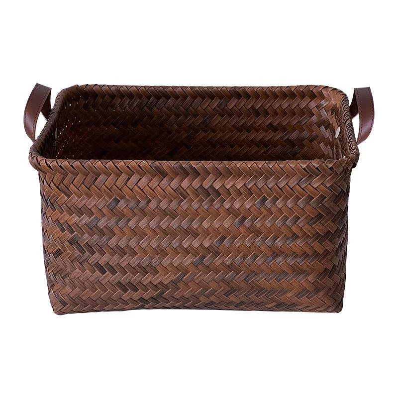 Cesta de almacenamiento vintage de rat&aacute;n sint&eacute;tico con asas de cuero