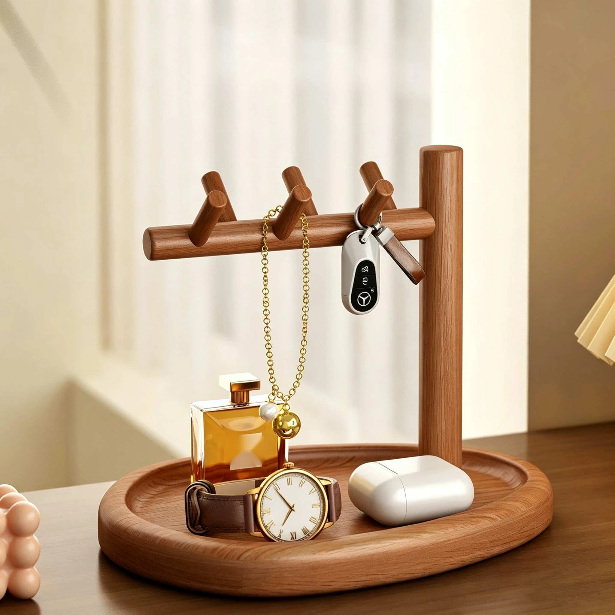 Llavero y joyer&iacute;a en forma de &aacute;rbol de madera maciza con bandeja