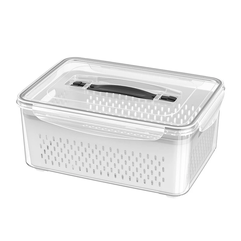 Caja de almacenamiento de pl&aacute;stico con escurridor y asa