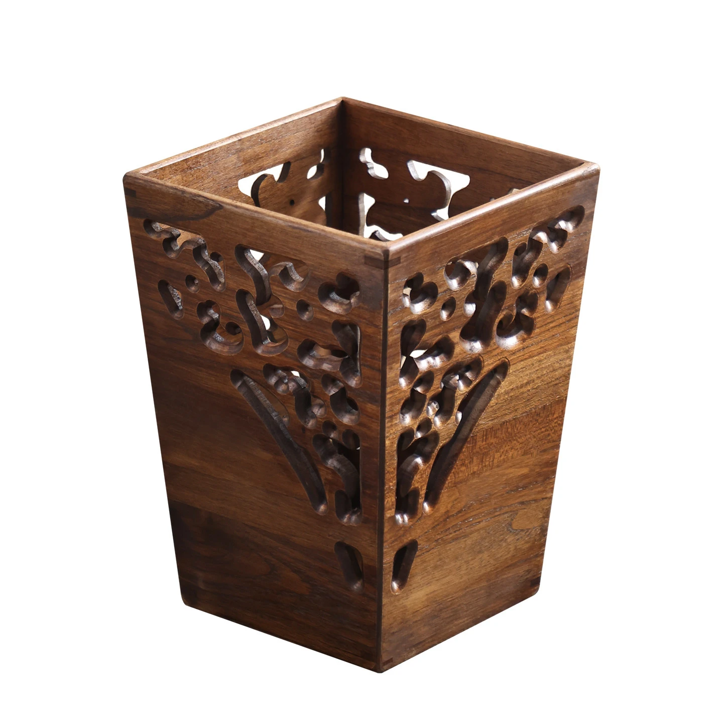 Papelera de madera maciza hueca tallada