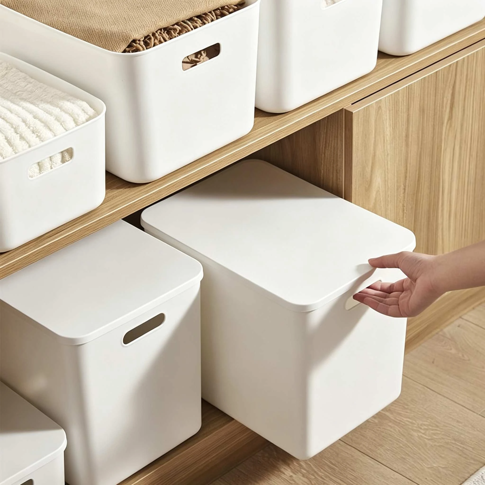 Caja de almacenamiento de pl&aacute;stico mate con tapa