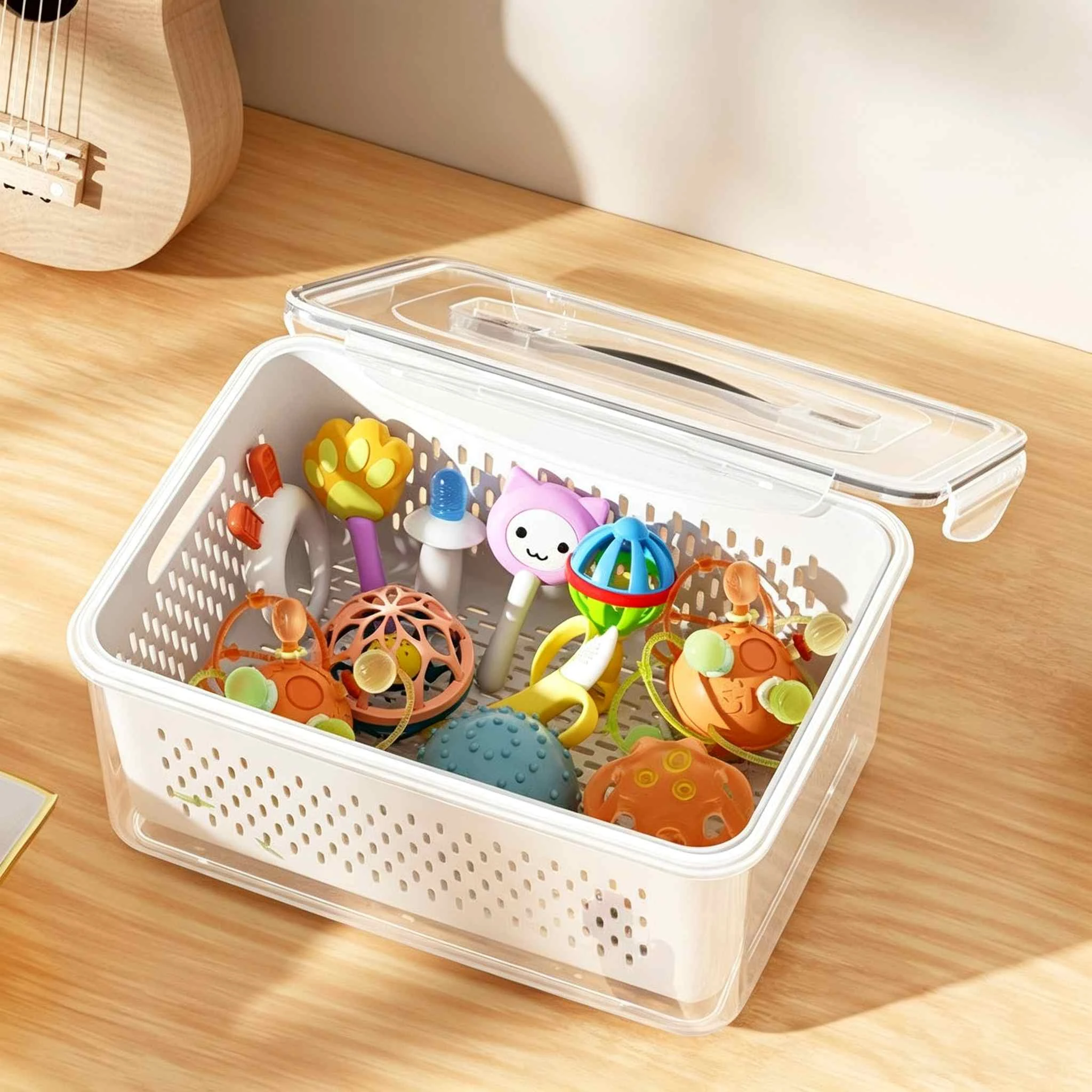 Caja de almacenamiento de pl&aacute;stico con escurridor y asa