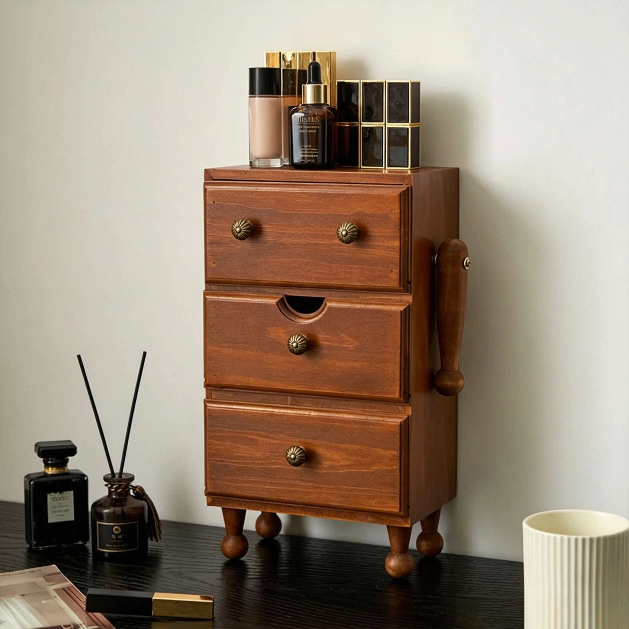 Mueble de almacenamiento vintage de madera maciza con 3 cajones