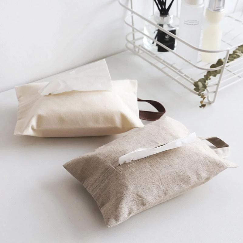 Bolsa de pa&ntilde;uelos para colgar de lino con correa de cuero