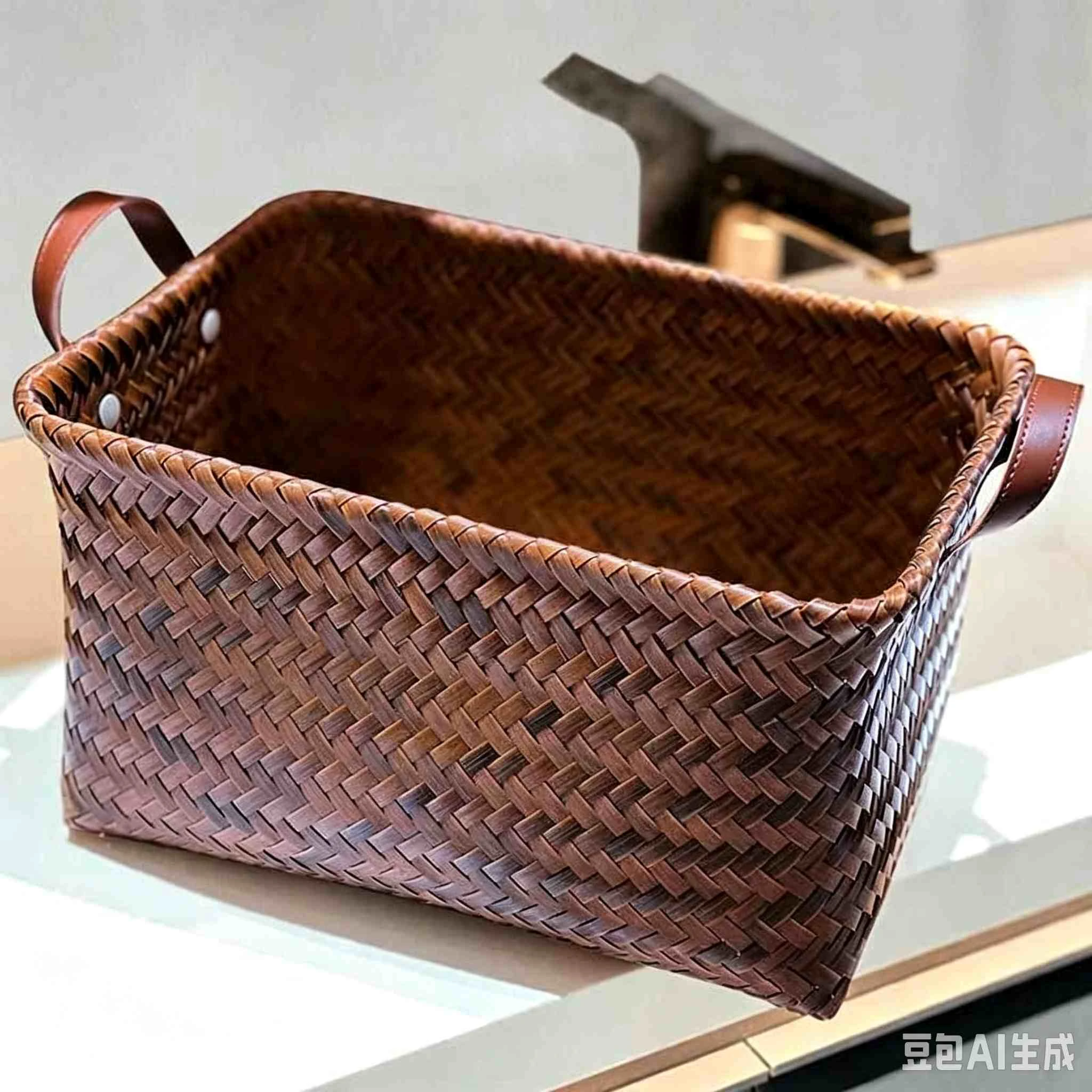 Cesta de almacenamiento vintage de rat&aacute;n sint&eacute;tico con asas de cuero