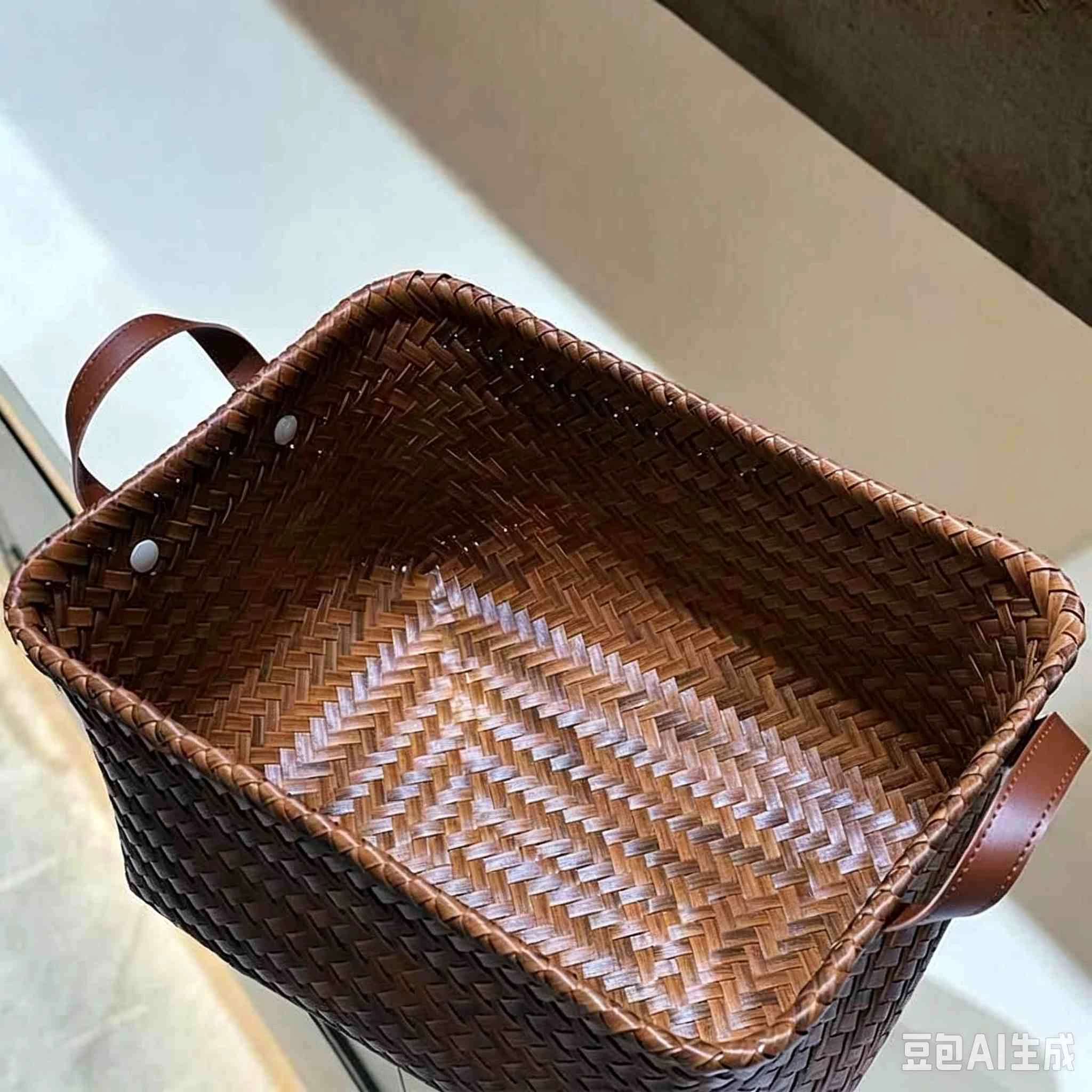 Cesta de almacenamiento vintage de rat&aacute;n sint&eacute;tico con asas de cuero