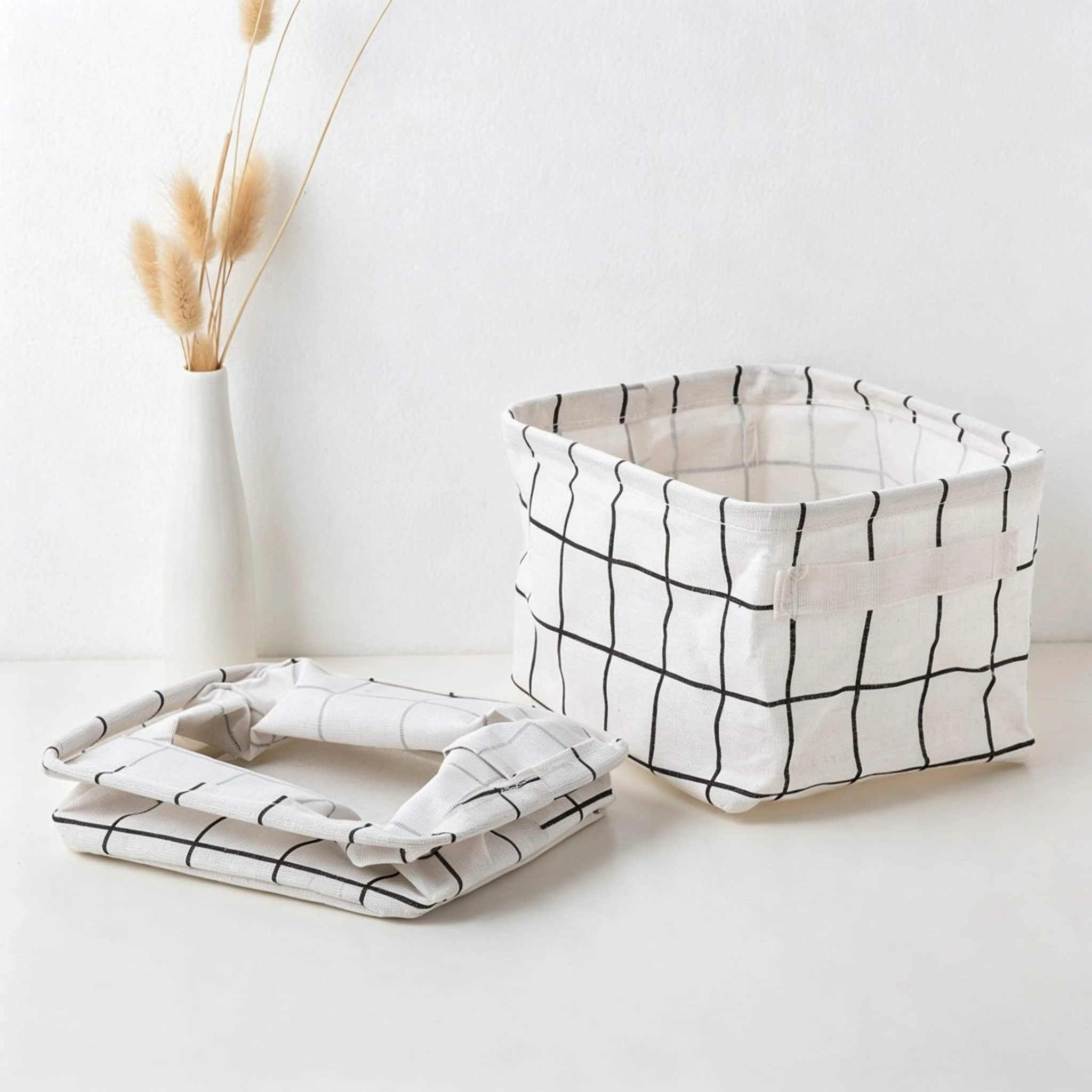 Cesta de almacenamiento de lino con rejilla negra