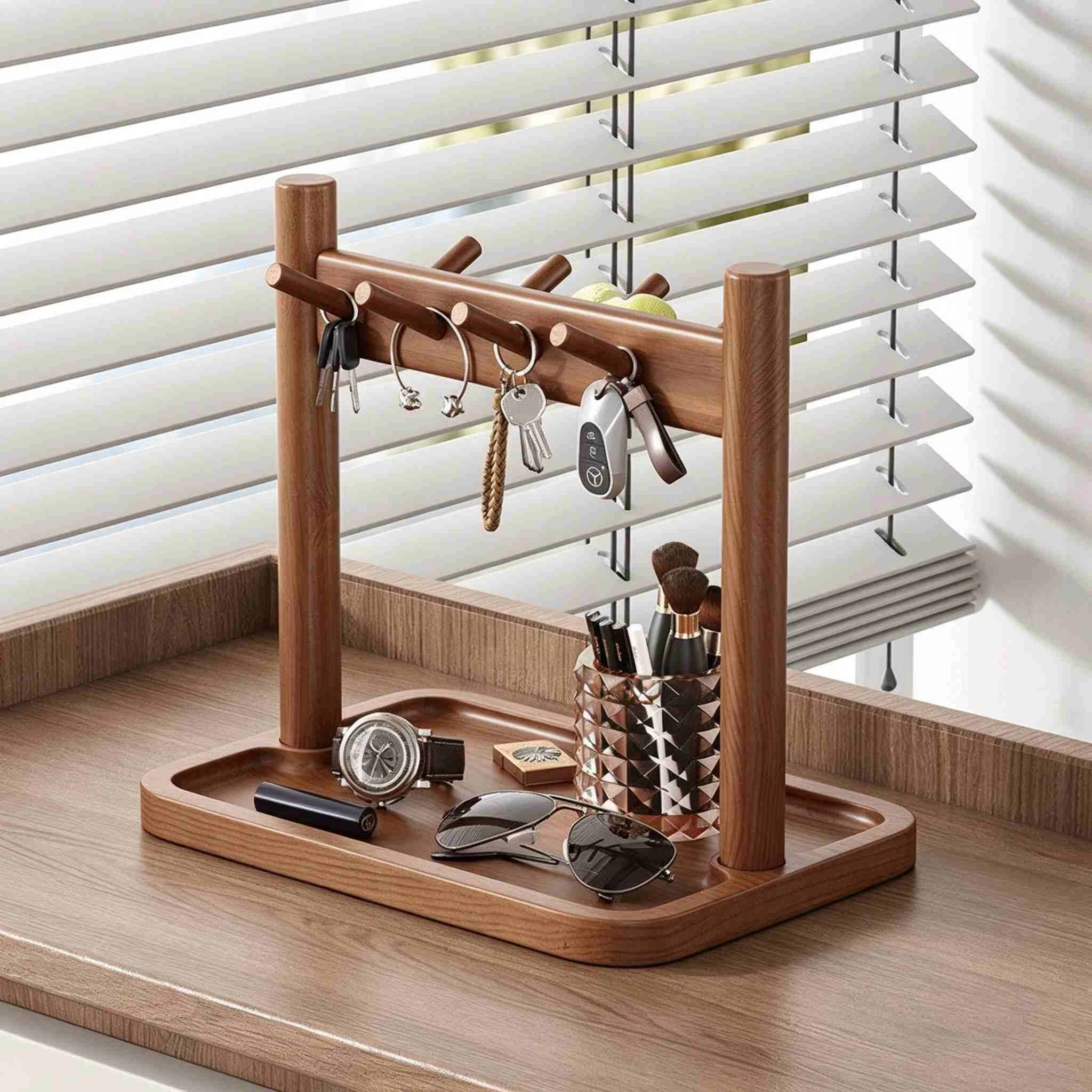 Llavero y joyer&iacute;a en forma de &aacute;rbol de madera maciza con bandeja